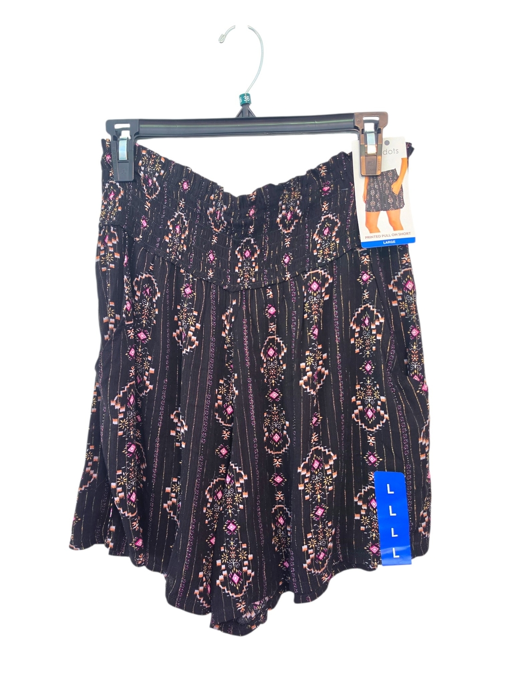 Three Dots Printed Smocked Waist Black Floral Boho Pull On Shorts Size Large NWT